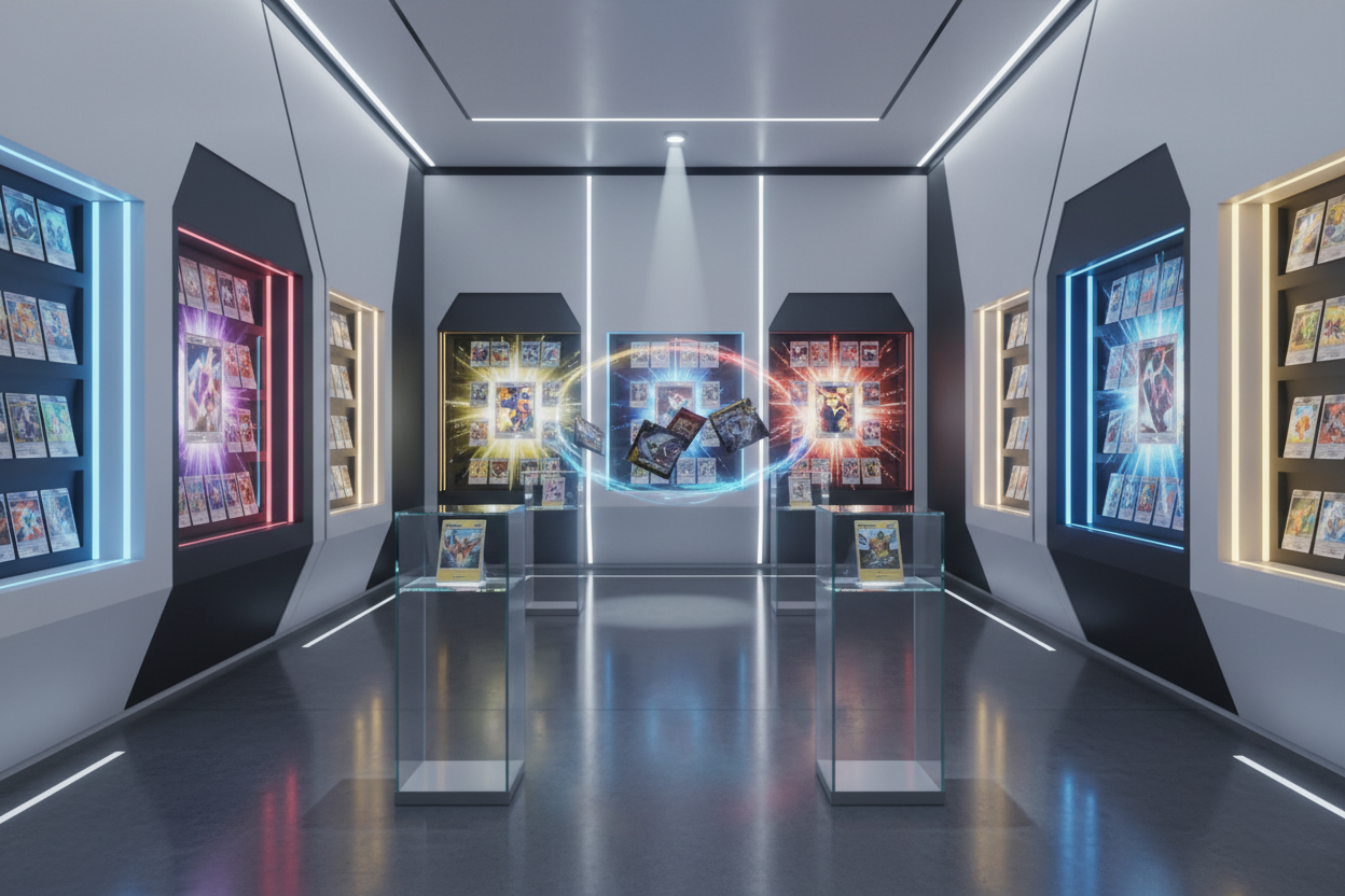 A modern Pokémon vault — where childhood nostalgia meets serious collecting. Think clean, sharp visuals with bursts of color, mystery, and energy. Your store feels like a place where rare pulls happen, not just another card shop.